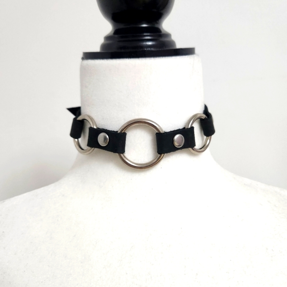 Handmade Real Leather Black Silver O-Ring Choker